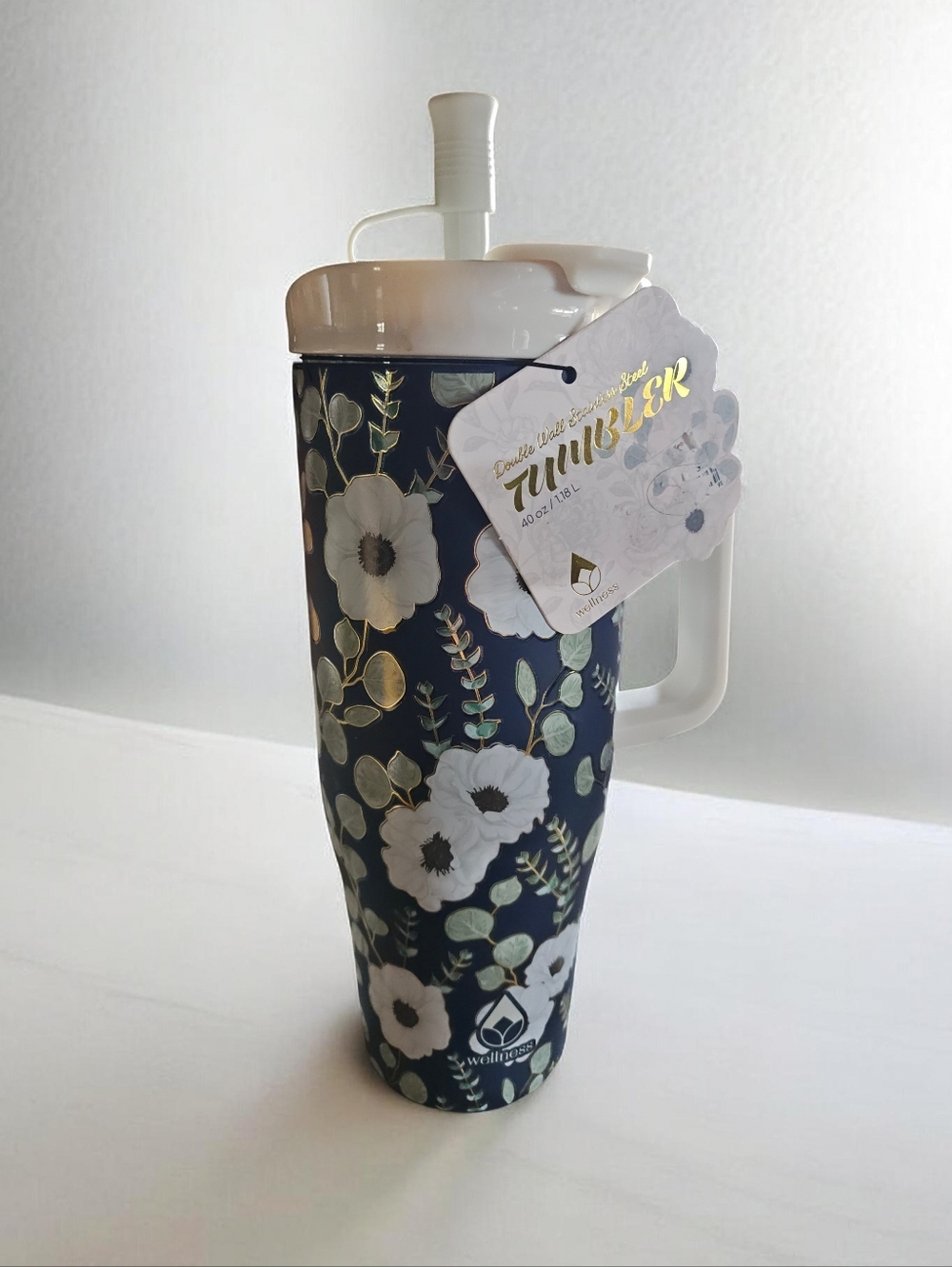 Floral Stainless Steel Tumbler with Handle - Navy White